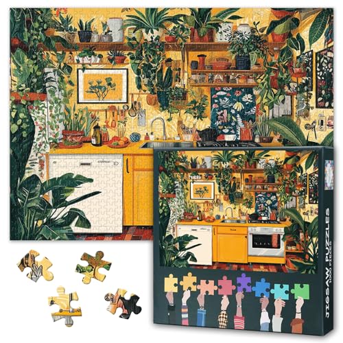 Puzzle 1000 Teile für Erwachsene – Helle böhmische Küchenszene mit üppigen Topfpflanzen, Premium-Puzzles für Erwachsene, anspruchsvolle Kunst (69,8 x 50 cm) von TISHIRON