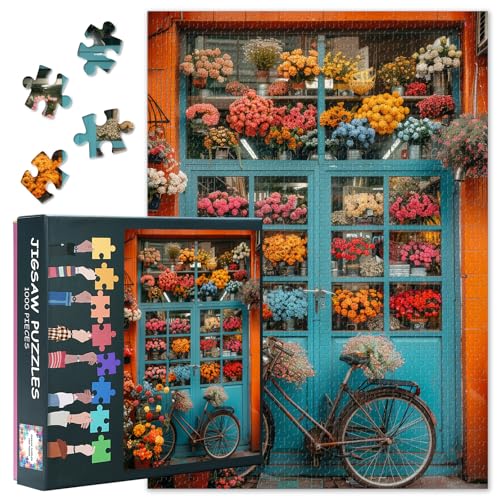 Puzzle 1000 Teile für Erwachsene - Idyllisches Motiv, Fahrrad vor charmantem Blumenladen, Premium Kunstwerk-Puzzle 1000 Teile - Format 50x70cm von TISHIRON
