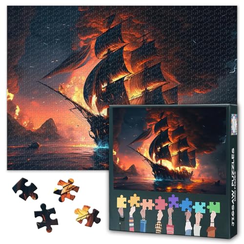Puzzle 1000 Teile für Erwachsene Piratenschiff Schlacht auf See mit Feuer und Rauch Epische Nautische Kunst Herausforderndes Puzzlespiel für Erwachsene Familienabend Aktivität Wanddeko Geschenk Idee von TISHIRON