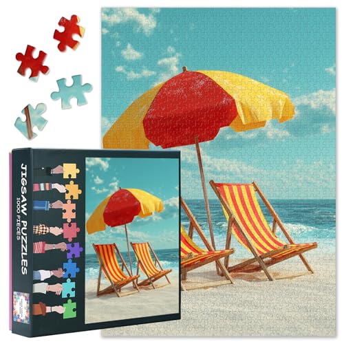 Puzzle 1000 Teile für Erwachsene - Strandliegen am Meer, Entspannendes Sommerurlaub Motiv mit Sand & Küste, Premium Puzzle 1000 Teile - Format 50x70cm von TISHIRON