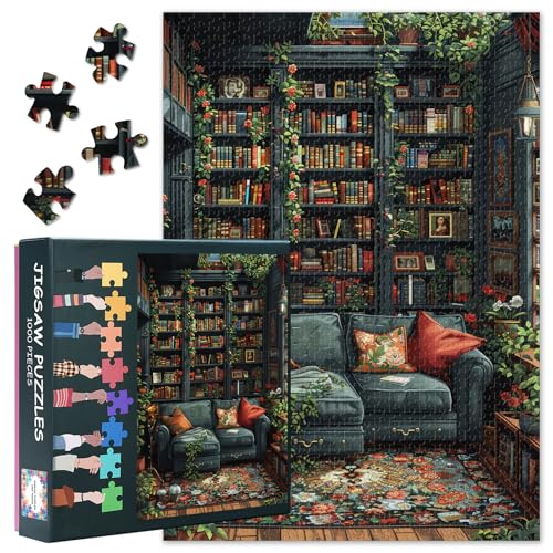 Puzzle 1000 Teile für Erwachsene - Vintage-Bibliothek mit Bücherregalen, Pflanzen & Kamin, Gemütliches Lese-Motiv, Premium Puzzle 1000 Teile, Format 50x70cm von TISHIRON