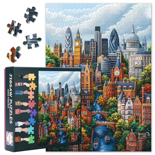 Puzzle 1000 Teile für Erwachsene – lebendige europäische Metropole Stadtbild mit ikonischen Gebäuden und ruhigem Fluss, 1000-teiliges Puzzle für Erwachsene, Urban Art (69,8 x 50 cm) von TISHIRON