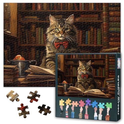 Puzzle – Katzen-Lesekunst, Puzzles für Erwachsene, 1000 Teile (Bibliotheksserie), herausfordernde Puzzles für Erwachsene, 1000 Maine Coon & Buch, Lernspiele, Heimdekoration (69,8 x 50 cm) von TISHIRON