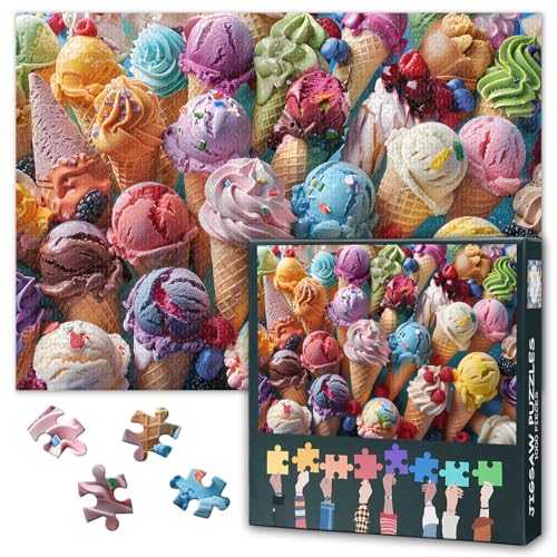 Puzzle-Spiele – buntes Sortiment an Eistüten – Sommer-Eiscreme-Früchte Zutaten – 1000-teiliges Puzzle für Erwachsene – herausforderndes Puzzle für Spieleabende – 69,8 x 49,8 cm von TISHIRON