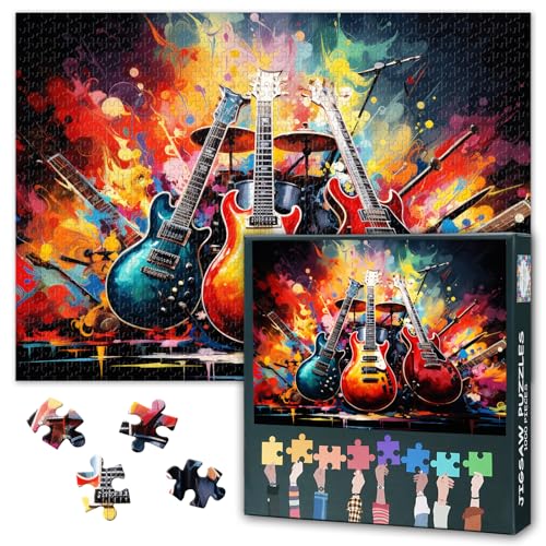 Puzzle für Erwachsene, 1000 Teile, Musikinstrumente auf abstraktem buntem Grunge-Puzzle, 1000-teiliges Puzzle, Akustikgitarre und E-Gitarre, Puzzles, unmöglich, 49,5 x 69,5 cm von TISHIRON