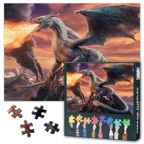 Puzzle für Erwachsene, 1000 Teile – Epischer feuergehender Drache, Fantasy-Kunst-Puzzle, herausforderndes 1000-teiliges Tierpuzzle für Erwachsene (70 x 50 cm) von TISHIRON