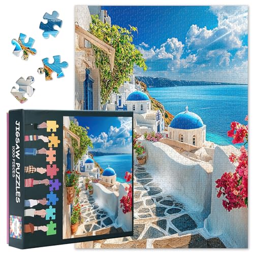 Puzzle für Erwachsene 1000 Teile, 1000 Teile Puzzle für Erwachsene – Ägäische Meereslandschaft, Gassen mit blühenden Blumen, weißen Gebäuden und Kirchen mit blauen Kuppeln, 50x70cm Puzzle für Erwachsene 1000 Teile, 1000 Teile Puzzle für Erwachsene – Ägäische Meereslandschaft, Gassen mit blühenden Blumen, weißen Gebäuden und Kirchen mit blauen Kuppeln, 50x70cm von TISHIRON