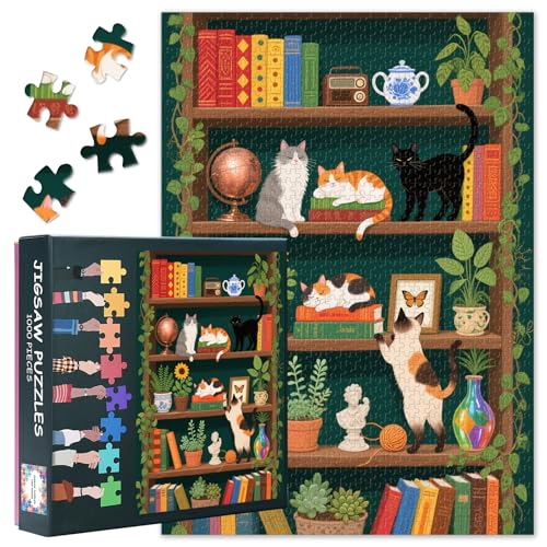 Puzzle für Erwachsene 1000 Teile, 1000 Teile Puzzle für Erwachsene mit bezauberndem Motiv Einer Bücherregal-Szene mit verschiedenen Katzen, Büchern und grünen Pflanzen, 50x70cm von TISHIRON