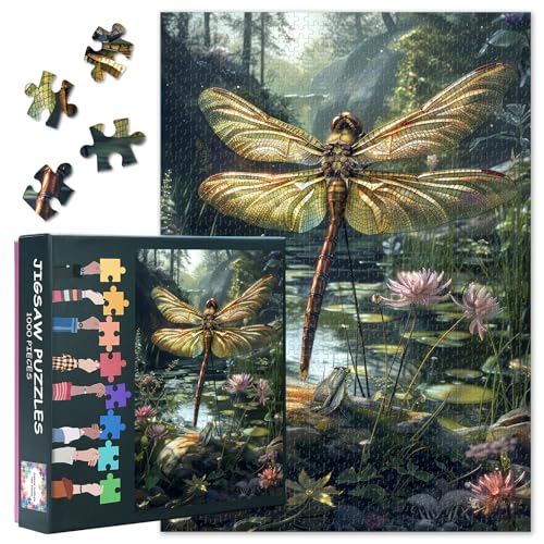 Puzzle für Erwachsene 1000 Teile, Majestische Libelle am Seerosen-Teich, Premium Natur-Puzzle mit friedlicher Teichszene, Geschenkidee für Erwachsene(Format 50x70 cm) von TISHIRON
