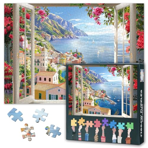 Puzzle für Erwachsene 1000 Teile - Malerischer Meerblick durch sonnenüberflutetes Fenster mit idyllischer Küstenlandschaft, Premium Puzzle 1000 Teile (50x70cm) von TISHIRON