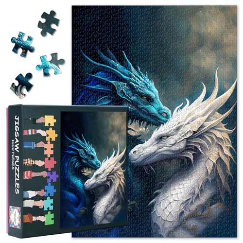 Puzzle für Erwachsene 1000 Teile - Mystischer Blauer EIS-Drache & Weißer Licht-Drache im epischen Duell, Premium Puzzle 1000 Teile für Erwachsene (50x70cm) von TISHIRON