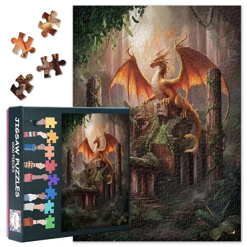 Puzzle für Erwachsene 1000 Teile - Mystischer goldgeflügelter Drache auf uraltem Tempelruinen, Premium Puzzle, 50x70 cm von TISHIRON