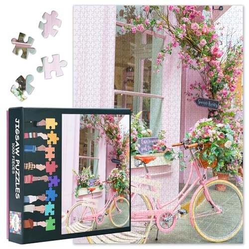 Puzzle für Erwachsene 1000 Teile - Rosa Fahrrad vor Restaurant mit Blumen, 50x70 cm detailreiches Motiv für Puzzle-Enthusiasten von TISHIRON