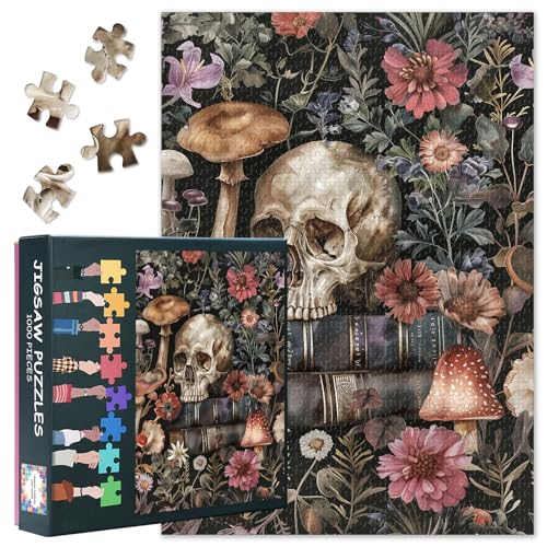 Puzzle für Erwachsene 1000 Teile – Totenkopf mit Büchern und Blumen Kunst anspruchsvolle Puzzles für Erwachsene, Premium-Puzzle mit 1000 Teilen, Skelett und Blüten (19,7 x 27,5 Zoll) von TISHIRON