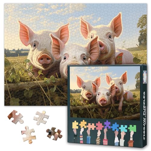 Puzzle für Erwachsene 1000 Teile - Verspielte Ferkel Spielen zwischen den Blumen im sonnigen Sonnenuntergang, Premium Puzzle 1000 Teile für Erwachsene (50x70cm) von TISHIRON
