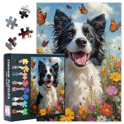 Puzzle für Erwachsene 1000 Teile - Verspielter Hund & Schmetterlinge im Blütenmeer, Premium Tiermotiv-Puzzle mit farbenfroher Blumenwiese, Geschenkidee für Tierliebhaber(50x70 cm) von TISHIRON
