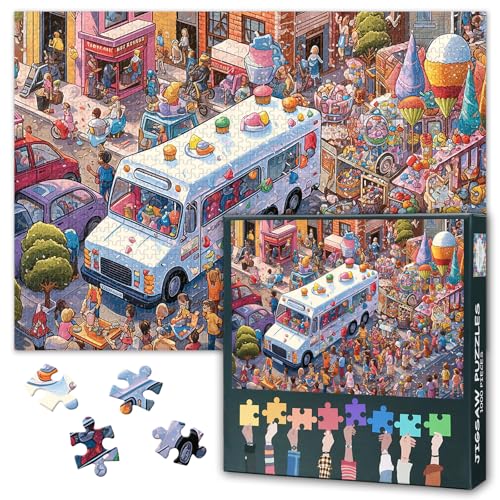 Puzzle für Erwachsene 1000 Teile - Vibrantes Motiv Belebte Stadtstraße mit Buntem Ice Cream Truck, Puzzle 1000 Teile für Erwachsene - 50x70cm Puzzle für Erwachsene 1000 Teile - Vibrantes Motiv Belebte Stadtstraße mit Buntem Ice Cream Truck, Puzzle 1000 Teile für Erwachsene - 50x70cm von TISHIRON