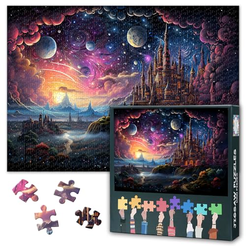 Puzzle mit 1000 Teilen, Fantasie-Landschaftskunst mit majestätischen schwimmenden Schlössern, leuchtender Mondscheinhimmel, mystische Märchen-Szene, Premiumqualität, Papierpuzzle für Erwachsene und von TISHIRON