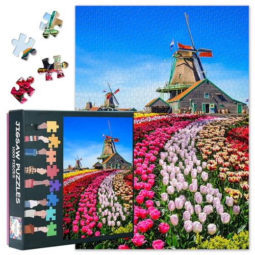 Puzzle mit 1000 Teilen, Landschaftstulpen, niederländische Windmühlen, Erwachsene, Puzzle, 1000 Teile für Erwachsene, Zaanse Schans K, Niederlande, fertige Größe 50 x 70 cm von TISHIRON