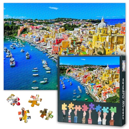 Puzzle mit 1000 Teilen für Erwachsene, Procida Island Italien Landschaft – bunte Corricella-Hafen-Kunst, mediterranes Küstendorf, sonniger Tag, Meereslandschaft, anspruchsvolles Wanddekor-Puzzle, 70 x von TISHIRON