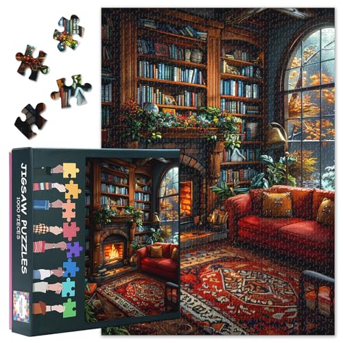 Puzzle mit 1000 Teilen für Erwachsene, gemütliche Vintage-Bibliotheksszene mit warmem Kamin, Bücherregalen aus Holz und üppigen Pflanzen, Puzzles 1000 Teile für Erwachsene, Innenkunst (69,8 x 50 cm) von TISHIRON