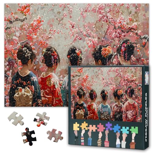 Puzzle mit 1000 Teilen für Erwachsene, japanische Frauen im traditionellen Kimono unter Kirschblütenbäumen, Sakura-Saison, kulturelle Kunst, lebendige Frühlingslandschaft, Wanddekoration von TISHIRON