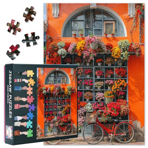 Puzzle mit 1000 Teilen für Erwachsene – Blumenladen mit Fahrrad, das draußen geparkt ist, lebendiges orangefarbenes Gebäude, Puzzles 1000 Teile für Erwachsene, charmante Schaufenster-Szene (69,8 x 50 Puzzle mit 1000 Teilen für Erwachsene – Blumenladen mit Fahrrad, das draußen geparkt ist, lebendiges orangefarbenes Gebäude, Puzzles 1000 Teile für Erwachsene, charmante Schaufenster-Szene (69,8 x 50 von TISHIRON