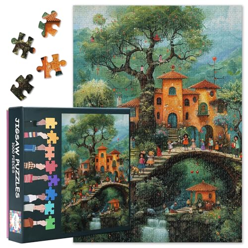 Puzzle mit 1000 Teilen für Erwachsene – Skurrile Märchenhäuser & großer Baum mit verspielter Menschenmenge, Puzzles 1000 Teile für Erwachsene, bezaubernde Kunst (69,8 x 50 cm) von TISHIRON