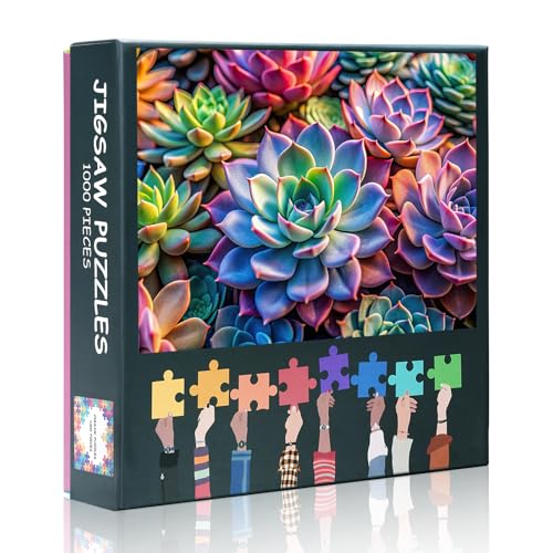 Puzzle mit 1000 Teilen für Erwachsene – bunte Sukkulentenkunst mit Premium-Puzzlebrett, lebendige botanische Puzzles für Erwachsene, herausforderndes Pflanzenliebhaber-Geschenk – 70 x 50 cm von TISHIRON