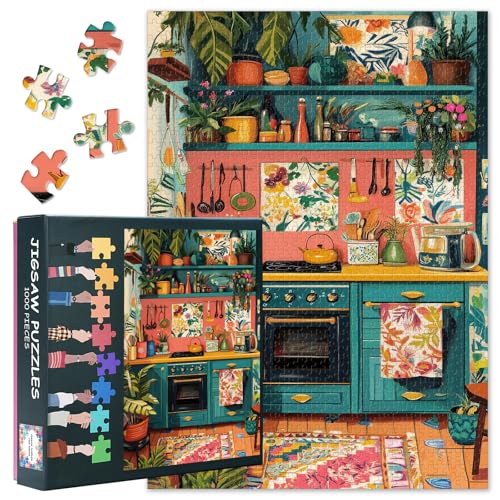 Puzzle mit 1000 Teilen für Erwachsene – bunte böhmische Küche, dekoriert mit lebendigen Topfpflanzen, Puzzles für Erwachsene, entspannendes grünes Design (69,8 x 50 cm) von TISHIRON
