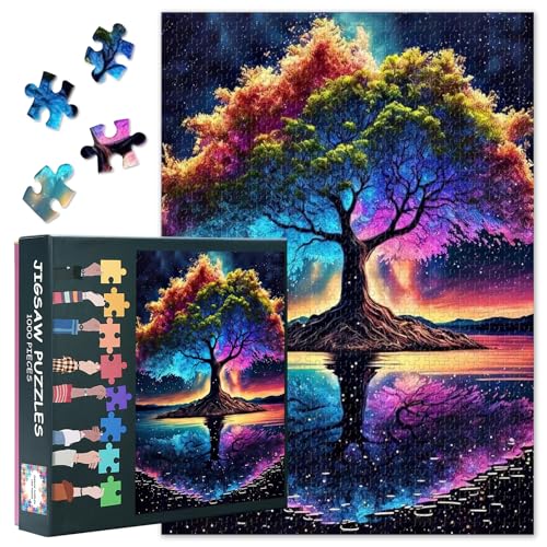 Puzzle mit 1000 Teilen für Erwachsene – bunter Baum des Lebens auf dem See, Puzzle für Erwachsene, 1000 Teile, Fantasie-Puzzle, fertige Größe ist 70 x 50 cm von TISHIRON