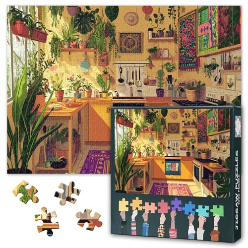 Puzzle mit 1000 Teilen für Erwachsene – lebendige böhmische Küche gefüllt mit Topfpflanzen und Grün, Erwachsenen-Puzzle, 1000 Teile, bunte detaillierte Kunst (69,8 x 50 cm) von TISHIRON