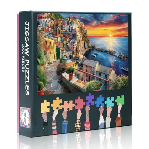Puzzle mit 1000 Teilen: Manarola Village at Sunset – Cinque Terre, Italien – faszinierende Küstenlandschaft mit bunten Häusern, malerische Bucht – fesselnde Herausforderung für Erwachsene und von TISHIRON