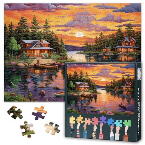 Puzzle mit See mit Haus und Booten für Erwachsene, 1000 Teile, schöne Landschaft, Puzzles für Erwachsene, Heimdekoration, herausforderndes Sonnenuntergang-Puzzle für Familienspielabend, 70 x 50 cm von TISHIRON