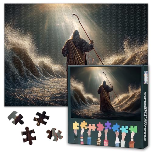 Puzzles 1000 Pieces, Mose Streckt Seinen Stock aus Puzzle Erwachsene, Gott Hat den Dunklen Himmel von Wasser getrennt Puzzles für Erwachsene, 70 x 50 cm Impossible Geschicklichkeitsspiel von TISHIRON