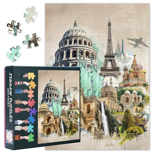 Puzzles 1000 Stück für Erwachsene Weltberühmte Gebäude 1000 Stück Puzzle für Erwachsene Eiffelturm Puzzles Home Wanddekoration Erwachsene und Jugendliche Familie Spielzeug Größe: 70x50cm von TISHIRON