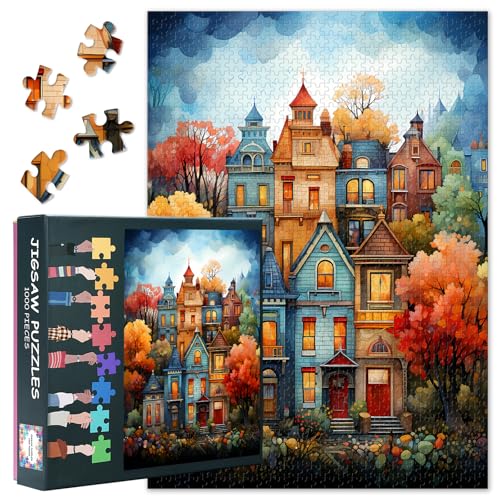 Puzzles 1000 Teile, EIN Farbiges Haus mit Bäumen Puzzle Erwachsene, Blauer Himmel 1000 Teile Puzzles für Erwachsene, 70 x 50 cm Puzzle Impossible Geschicklichkeitsspiel für die Ganze Familie von TISHIRON