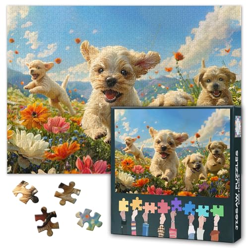Puzzles 1000 Teile, Hund der in den Blumen Spielt Puzzle Erwachsene, 1000 Teile Puzzles für Erwachsene, 70 x 50cm Puzzle Impossible Geschicklichkeitsspiel für die Ganze Familie von TISHIRON