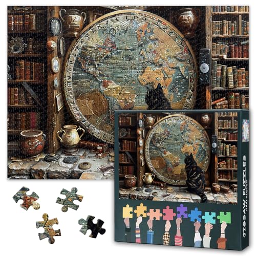 Puzzles 1000 Teile, Neugierige Katze Puzzle Erwachsene, Alte Weltkarte 1000 Teile Puzzles für Erwachsene, 70 x 50 cm Puzzle Impossible Geschicklichkeitsspiel für die Ganze Familie von TISHIRON