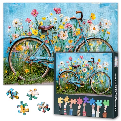 Puzzles 1000 Teile für Erwachsene, Vintage-Fahrrad-Puzzles für Erwachsene, Blumen-Design Herausforderndes Puzzle 1000 Teile, Entspannungsspiel für Männer und Frauen 70 x 50 cm von TISHIRON
