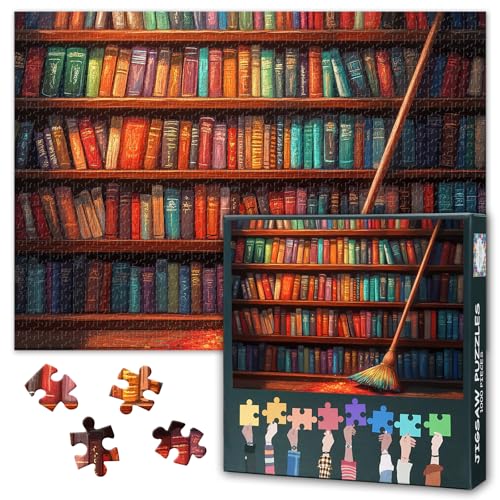 Puzzles 1000 Teile für Erwachsene Bücherregal, Bunte Bücher Puzzles für Erwachsene, Magic Broom Herausforderndes Puzzle 1000 Teile, Entspannungsspiel für Männer und Frauen 70 x 50 cm von TISHIRON