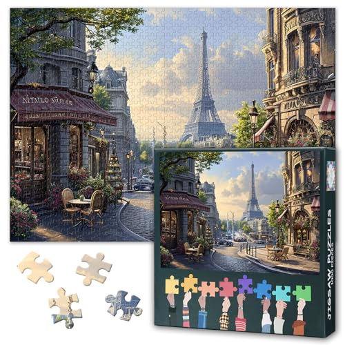 Puzzles für Erwachsene, 1000 Teile, Pariser Stadtbild, Puzzle mit Eiffelturm und geschäftigem Café-Kunstwerk, lebendige Straßenszene, Erwachsenenpuzzle, 1000 Teile, 69,5 x 50,6 cm von TISHIRON