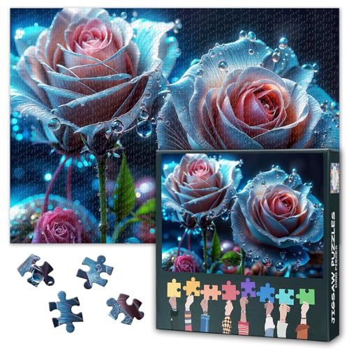 Puzzles für Erwachsene, 1000 Teile, wunderschöne Rosen mit Wassertropfen auf dunkelblauem Hintergrund, 1000-Teile-Puzzle, Impossible Jigsaw Puzzles, 50 x 70 cm von TISHIRON