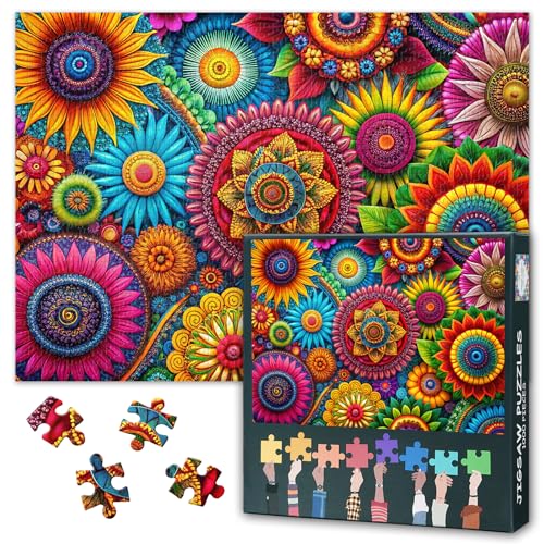 Puzzles für Erwachsene, Mandala-Blume, Puzzles für Erwachsene, 1000 Stück, abstrakte bunte blühende Blumenkunst, hartes unmögliches Puzzle, 69 x 50 cm, Lernspiele für Familiengeburtstagsfeier von TISHIRON