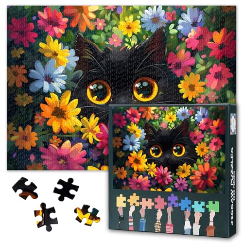 Puzzles für Erwachsene, schwarze Katze, Puzzles für Erwachsene, 1000 Stück, bunte Blumen, Kunst, hartes unmögliches Puzzle, 70 x 50 cm, Tier und Wildblume, Lernspiele für Familie, Geburtstagsparty von TISHIRON