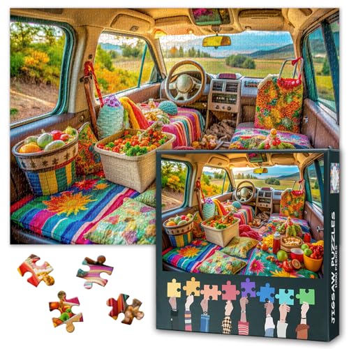 Puzzles für Erwachsene 1000 Stück - Auto Gefüllt Jigsaw Puzzle | Spaß Road Trip Herausfordernde Erwachsene Puzzles für Home Decor & Lernen (Bunte Accessoires, Snacks, und Karten) 70 * 50cm von TISHIRON