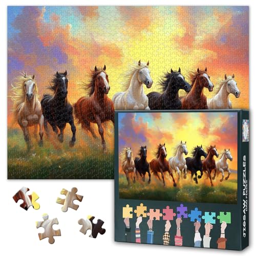 Puzzles für Erwachsene 1000 Stück Pferde Laufen, Jigsaw Puzzles 1000 Teile Tiere Thema, herausfordernde Puzzle-Spiele für Frauen Home Decoration Größe 70 x 50 cm (Sunset Landschaft) von TISHIRON