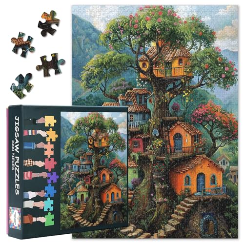 Puzzles für Erwachsene 1000 Stücke-Fantastisches Baumhaus-Premium 1000 Stück Puzzle für Erwachsene, Whimsical Art Style Spaß Puzzles mit Vibrierenden Kunstwerken 70 * 50cm von TISHIRON