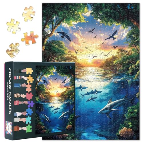 Puzzles für Erwachsene 1000 Stücke - Unterwasser Haie & Korallen Jigsaw Puzzle | Vibrant Surreal Sonnenuntergang über Ruhigen Fluss Kunst Herausfordernde Erwachsene Puzzles 27.5" x 19.6" von TISHIRON
