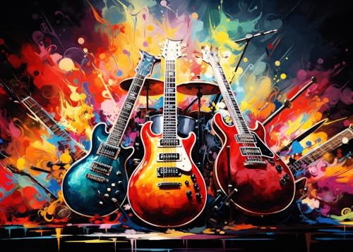 Puzzles für Erwachsene 1000 Teile, Musikinstrumente auf abstraktem Buntem Grunge 1000 Teile Puzzle, Akustikgitarre und E-Gitarre Puzzle, Impossible, 50x70 cm von TISHIRON